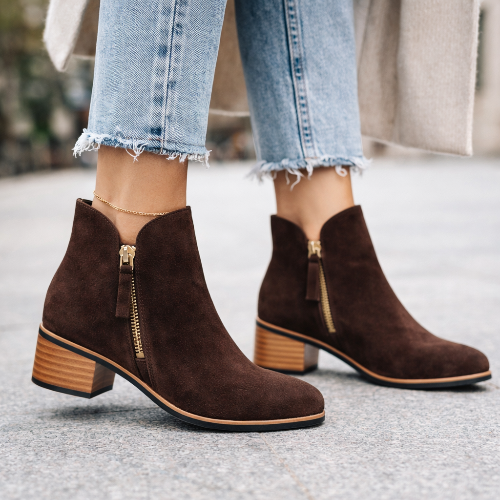Naked Arches Oxley chocolate suede boots with a sleek design and rounded toe, displayed on a neutral background.