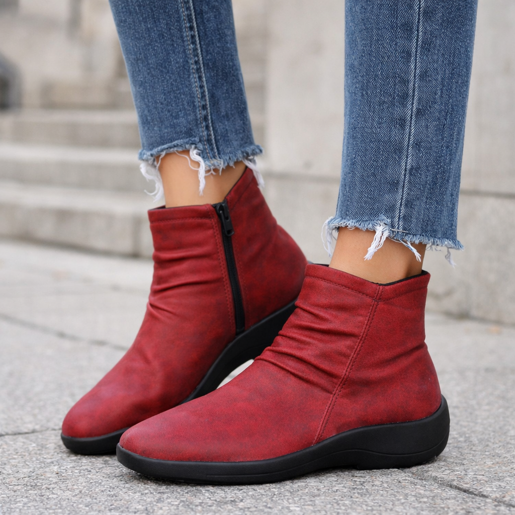 Red Arcopedico Paluma boots with a sleek design, featuring a rounded toe and comfortable fit, perfect for casual wear.
