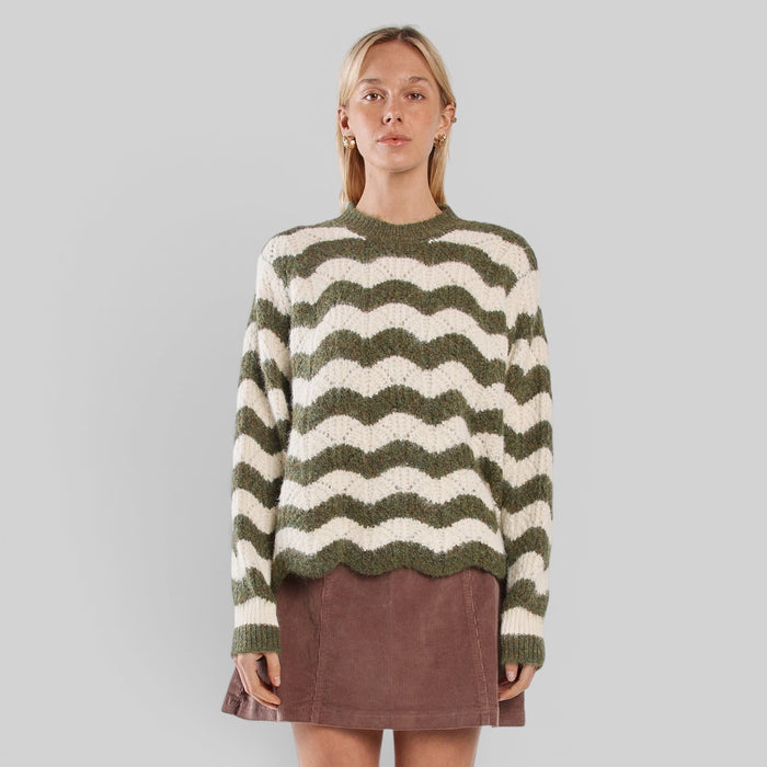 Sass Clothing Nikkita wavy stripe knit blazer in cream and olive, stylish and textured for a contemporary look.
