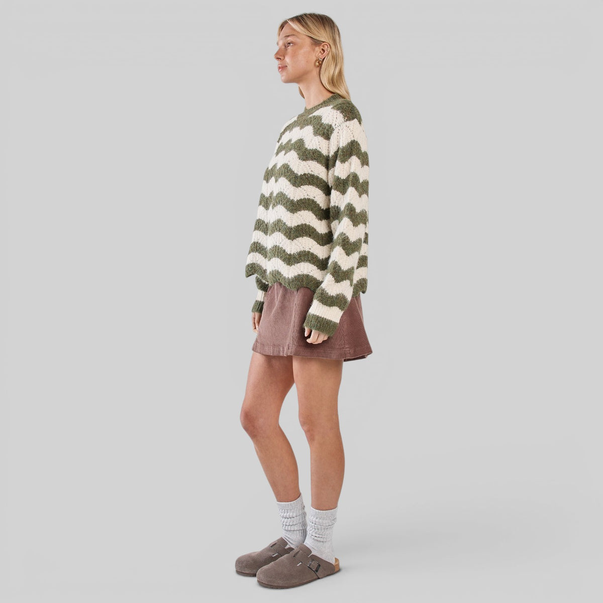 Cream and olive wavy stripe knit blazer by Sass Clothing, featuring a textured pattern and tailored fit.