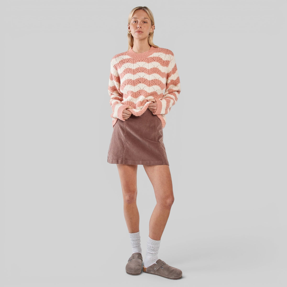 Cream pink Sass Nikkita wavy stripe knit blazer with textured pattern, stylish and cozy for casual or dressy wear.