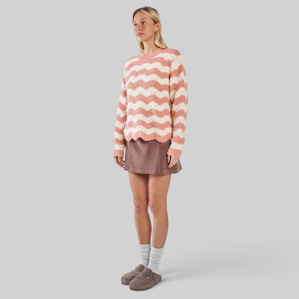 Cream pink Sass Nikkita wavy stripe knit blazer with textured pattern, tailored fit, and stylish design.