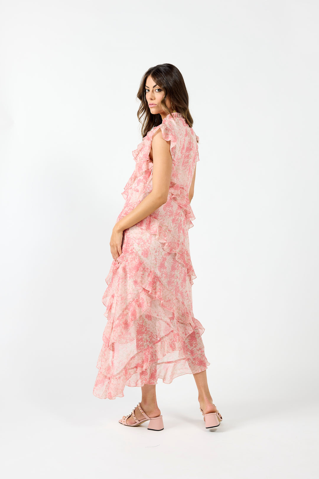 Drama The Label Freya Dress in pink marble with floral pattern, featuring a flowing silhouette and elegant design.