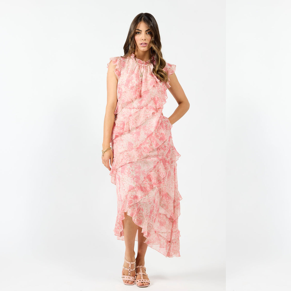 Drama The Label Freya Dress in pink marble with a stylish, flowing design, perfect for elegant occasions.