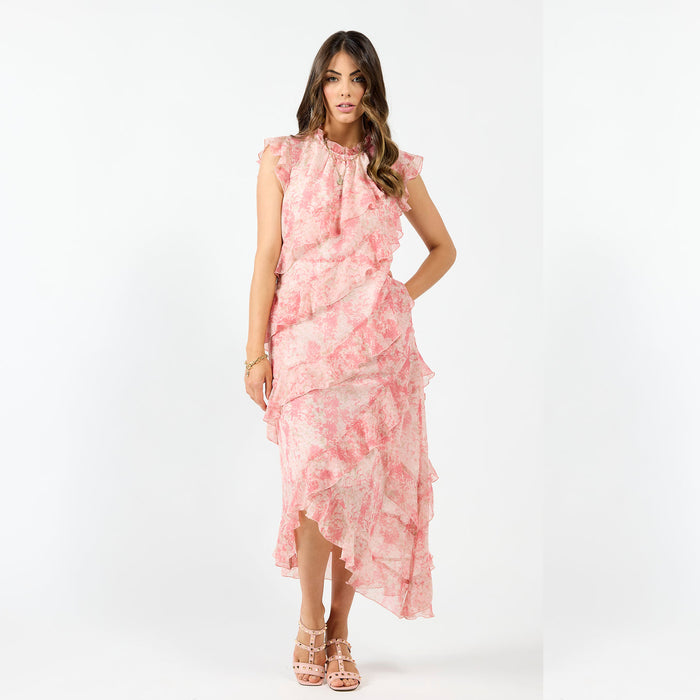 Drama The Label Freya Dress in pink marble with a stylish, flowing design, perfect for elegant occasions.