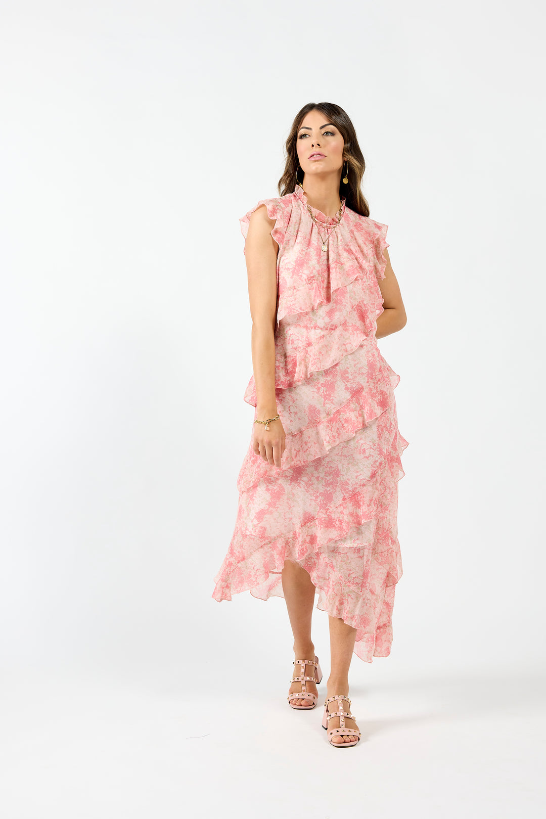 Drama The Label Freya Dress in pink marble, showcasing a stylish dress with a flowing silhouette and vibrant marble pattern.