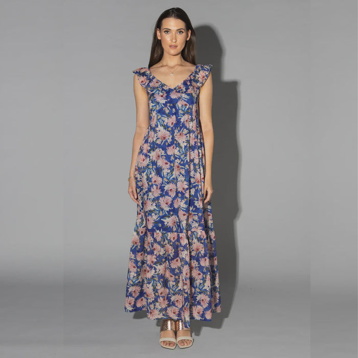 Drama The Label mid-summer dress in cyan with floral pattern, featuring a flowy design perfect for warm weather.