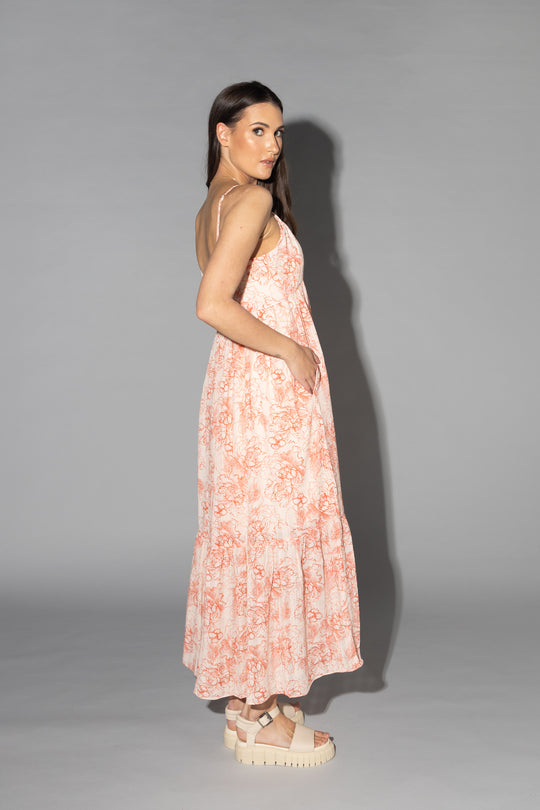 Drama The Label Lulu Dress in etched rose print, elegant sleeveless dress with a fitted bodice and flowing skirt, perfect for special occasions.