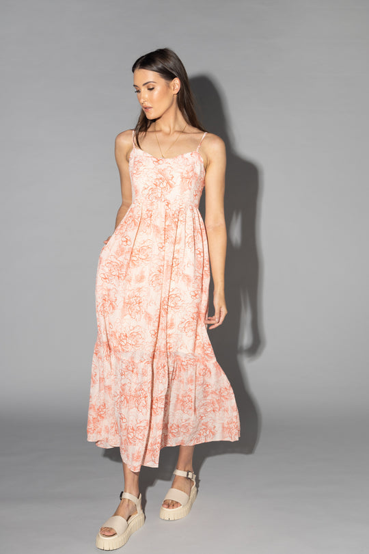 Drama The Label Lulu Dress in etched rose print, featuring a stylish dress with intricate floral pattern and elegant design.