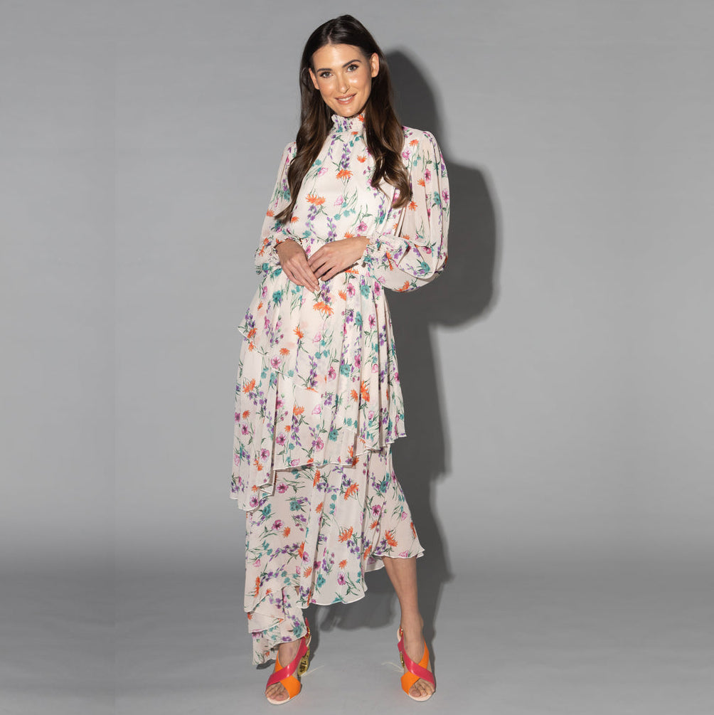 Drama The Label Eden Dress in summer garden print, sleeveless dress with floral pattern and flowy fabric for warm weather.