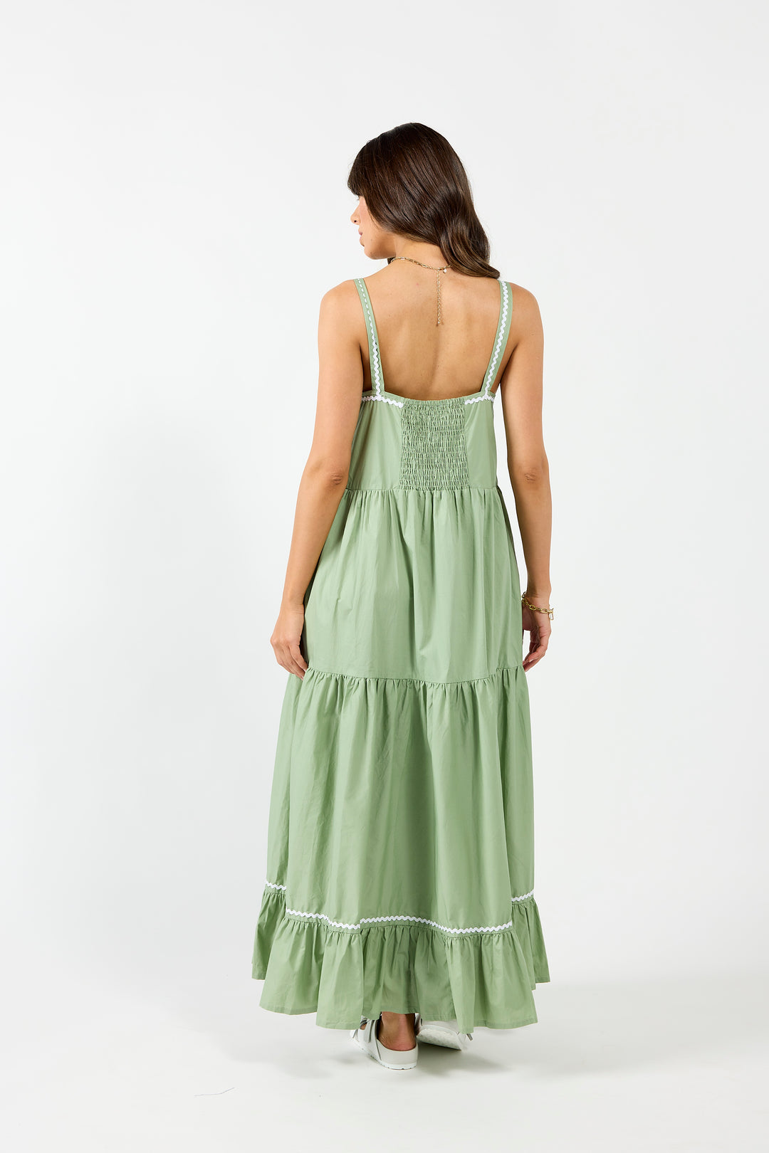 Drama The Label Earth Dress in Aspen Green, a stylish sleeveless dress with a relaxed fit and subtle texture.