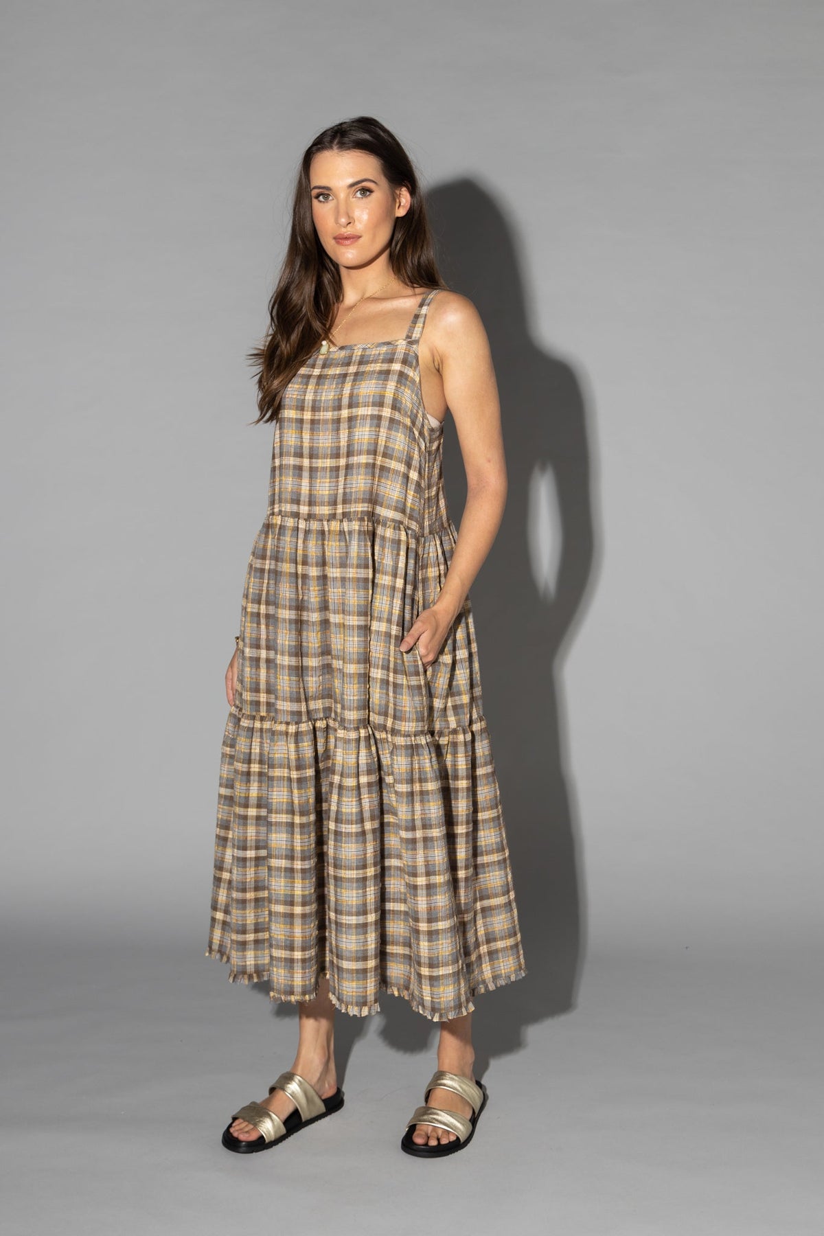 Drama The Label Earth Dress in ground check pattern, stylish dress featuring a casual, earthy-toned design and relaxed fit.