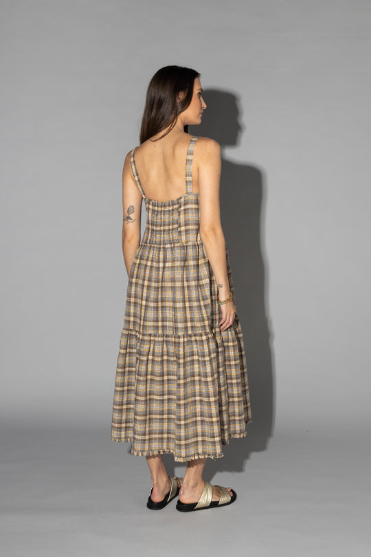 Drama The Label Earth Dress Ground Check, a stylish checkered dress with earthy tones, perfect for casual or semi-formal wear.