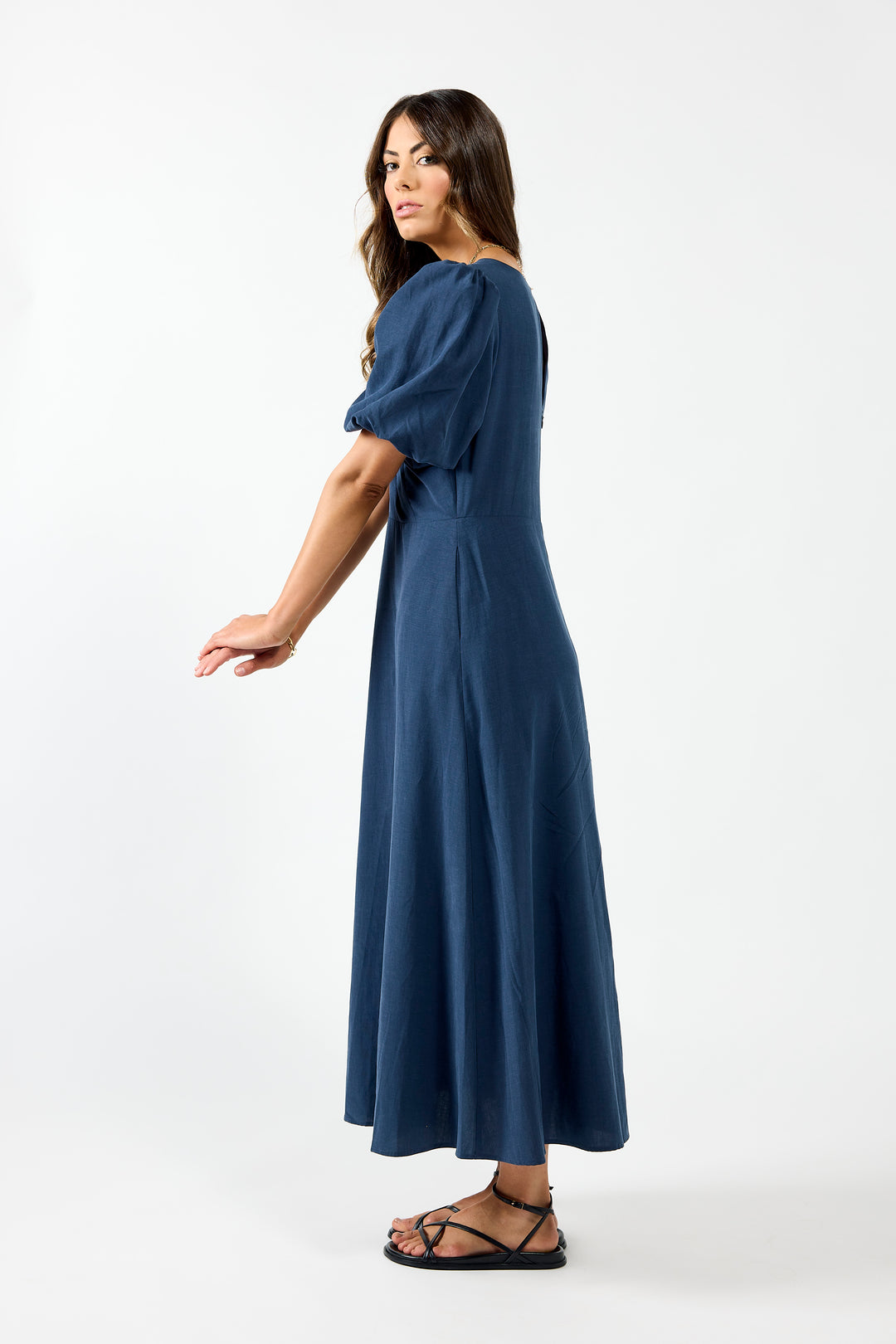 Drama The Label Halo Dress in Oxford Blue, a stylish sleeveless dress with a fitted bodice and flowing skirt.