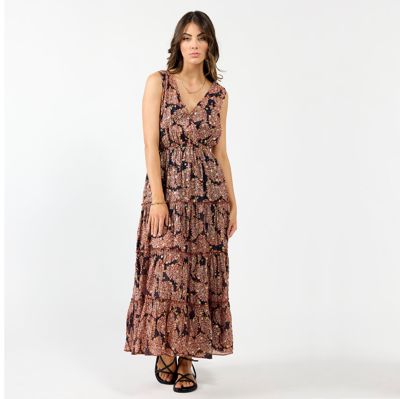 Drama The Label Athens Dress in burgundy metallic with a fitted silhouette and elegant neckline, perfect for formal occasions.