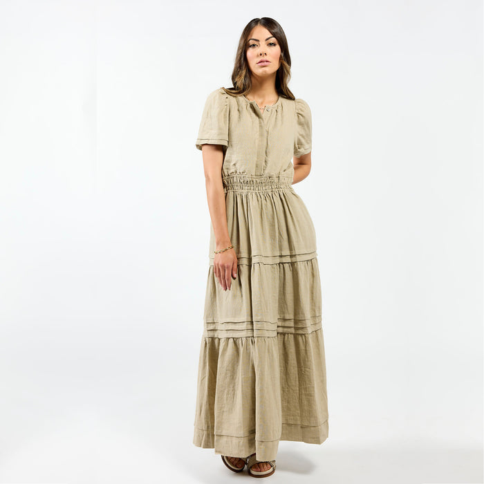 Drama The Label City Dress in natural color, stylish sleeveless dress with a fitted waist and flowy skirt, perfect for casual wear.