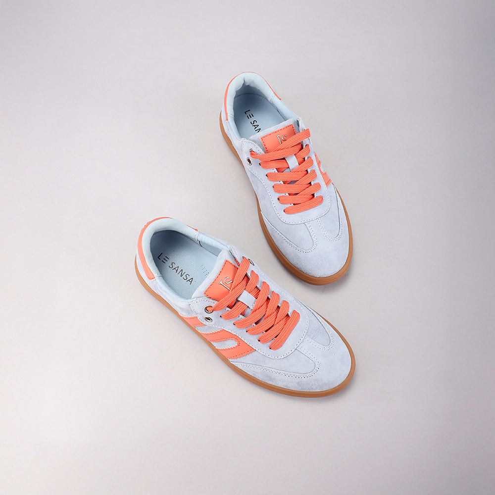 Le Sansa Juno pale blue and orange sneakers with stylish design and comfortable fit, featuring laced closure and modern athletic look.