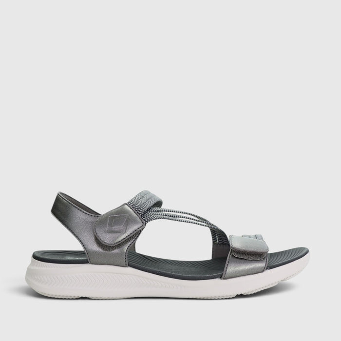 CC Resorts Florrie Pewter sandals with strappy design and flat sole, perfect for casual summer wear.