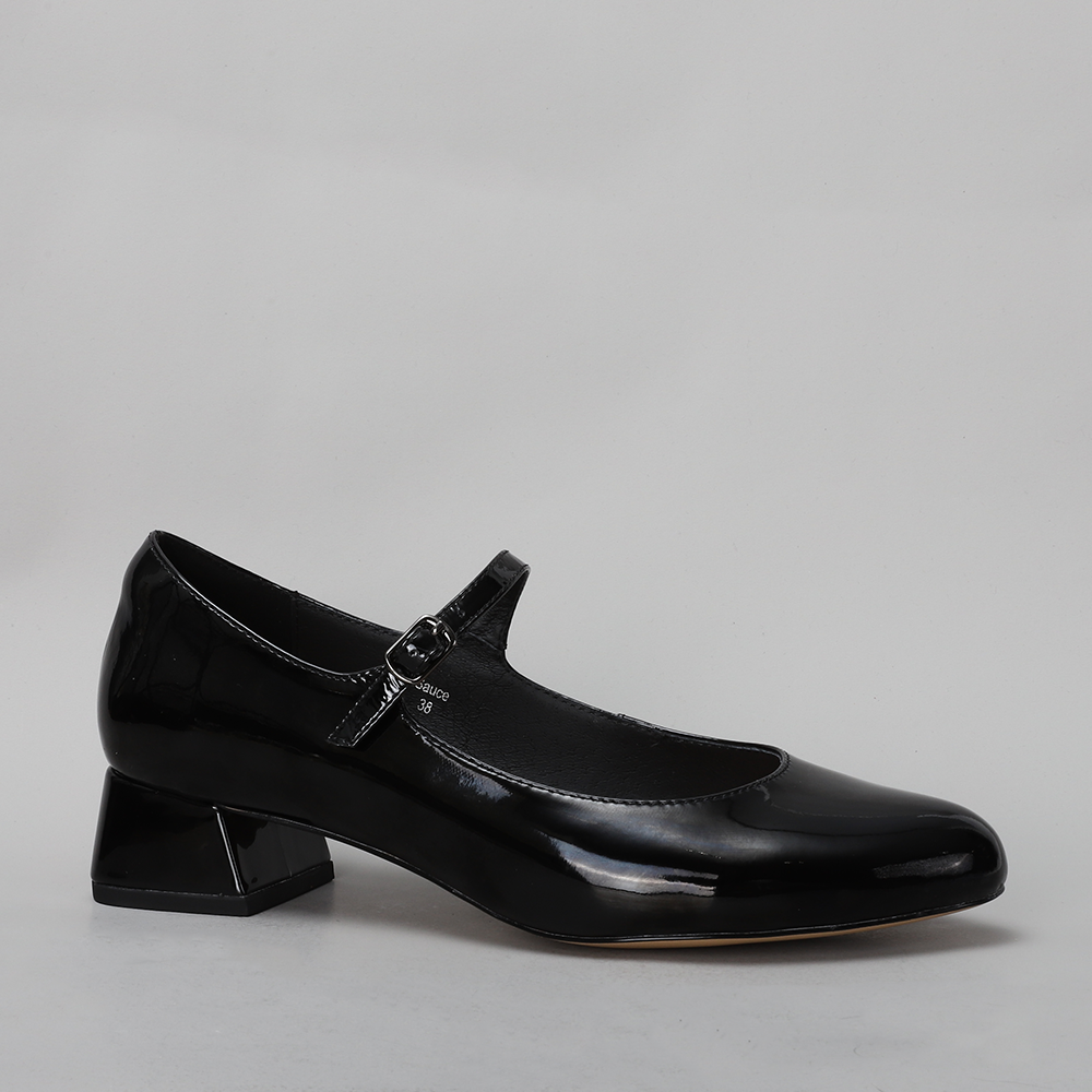 Naked Arches black patent sandal with sleek strap design and open toe, stylish footwear by Naked Arches.