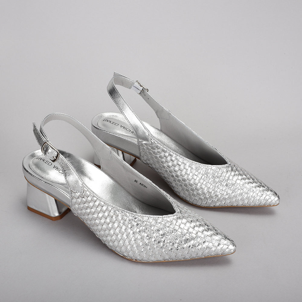 Naked Arches Hera Silver sandals with silver straps and open-toe design, featuring cushioned footbed and ankle buckle.