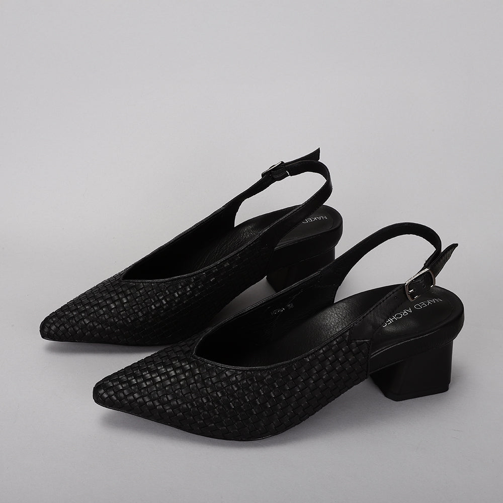 Naked Arches Hera Black sandals with open toes and ankle straps, featuring sleek black leather design and low block heel.