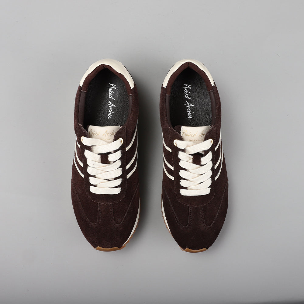 Naked Arches Wednesday Chocolate sneakers with brown and beige color blocking, showcasing their stylish and comfortable design.