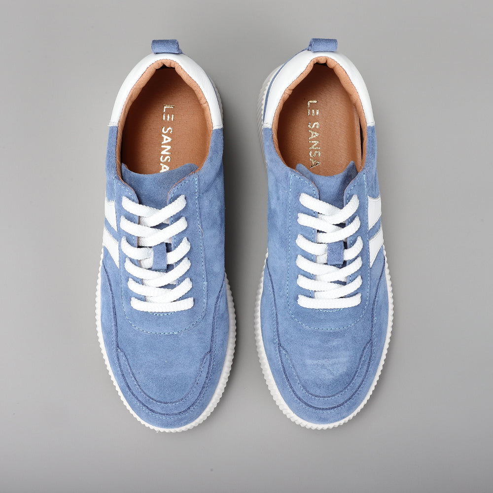 Le Sansa Comet Blue Suede Sneakers with white rubber sole, stylish casual footwear for men or women.