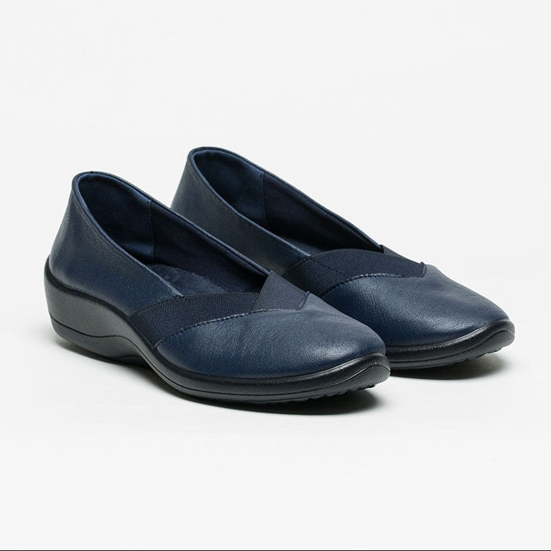 Navy Arcopedico Acadia ballet flats with rounded toe and elasticized sides, made for comfort and everyday wear.