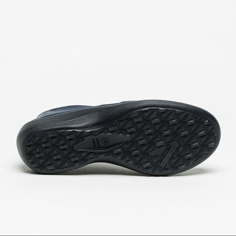 Arcopedico Acadia navy ballet flats with rounded toe and elasticized sides, made of soft, flexible material for comfortable wear.