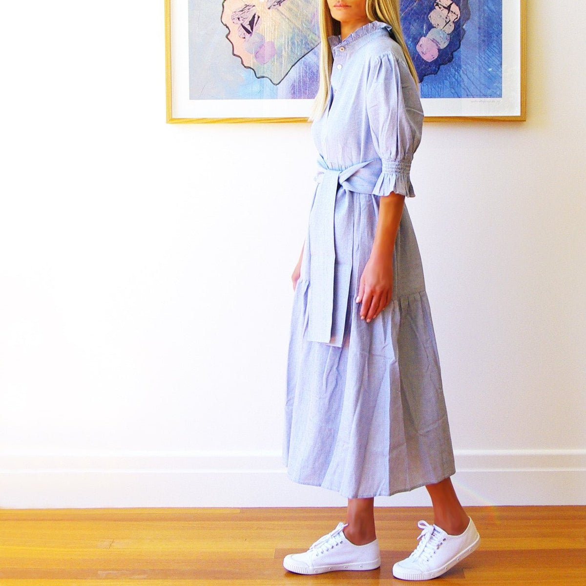 Blue and white Lottie dress by Who's Charlie, featuring a stylish design perfect for casual or summer wear.