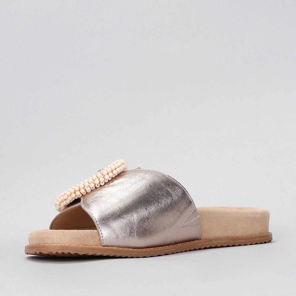 Naked Arches Zoya Champagne slip-on shoes with beige and metallic accents, stylish and comfortable footwear.
