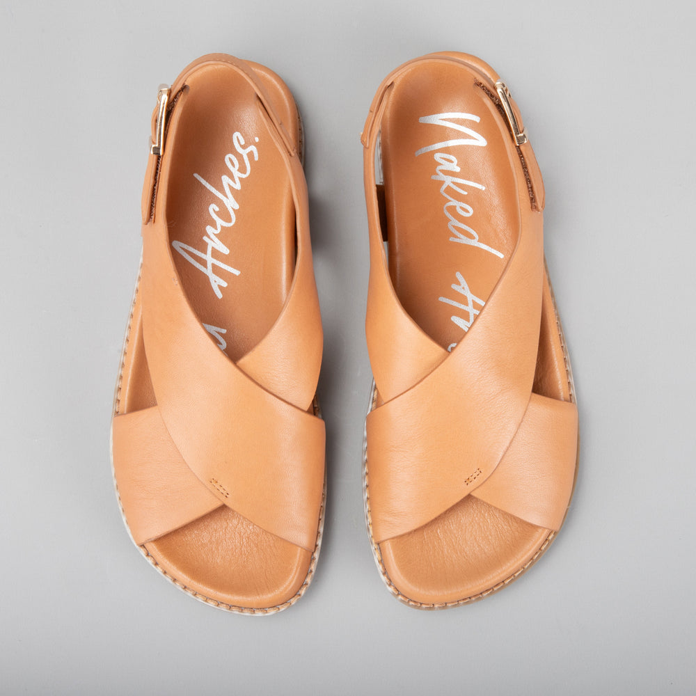 Naked Arches Zigilia tan sandals with adjustable straps and cushioned footbed, featuring tan leather straps and open-toe design.