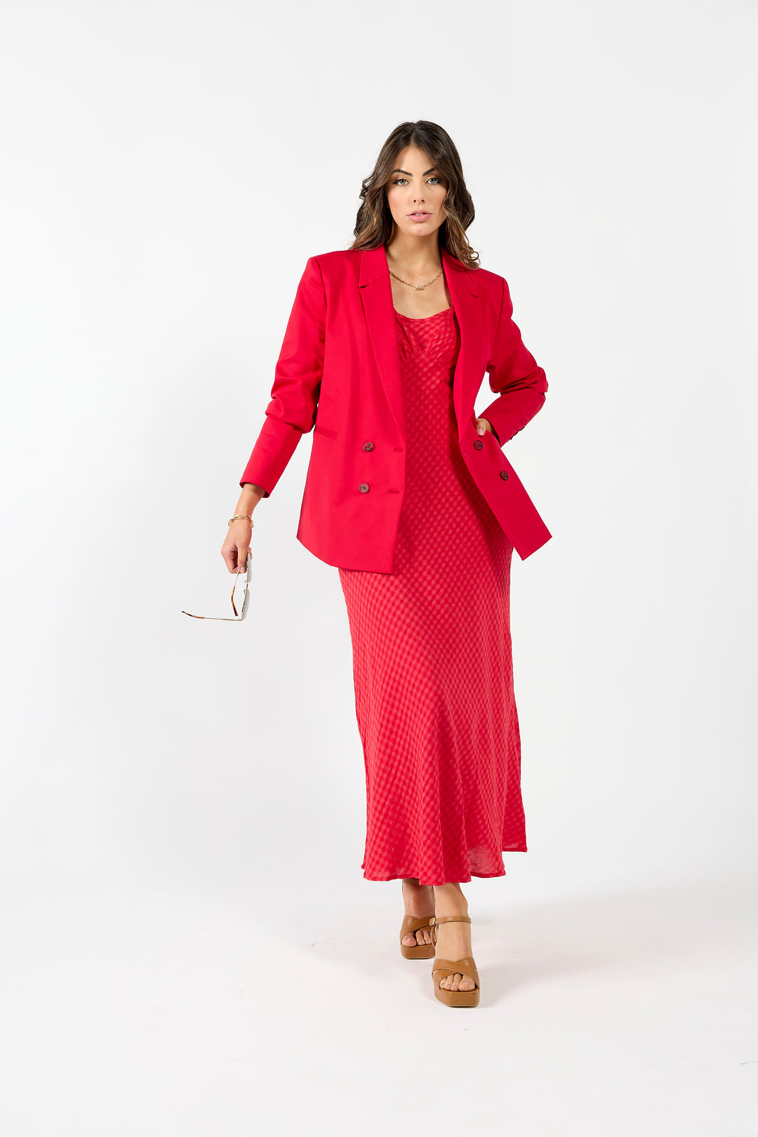 Drama The Label Brianna Blazer Scarlet, tailored blazer with structured fit in vibrant red fabric, stylish for formal or casual wear.