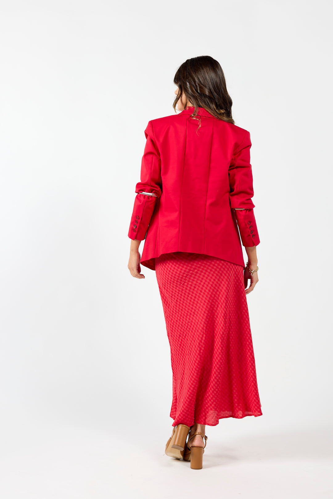Drama The Label Brianna Blazer in scarlet, stylish tailored blazer with structured fit, worn open over a dress.