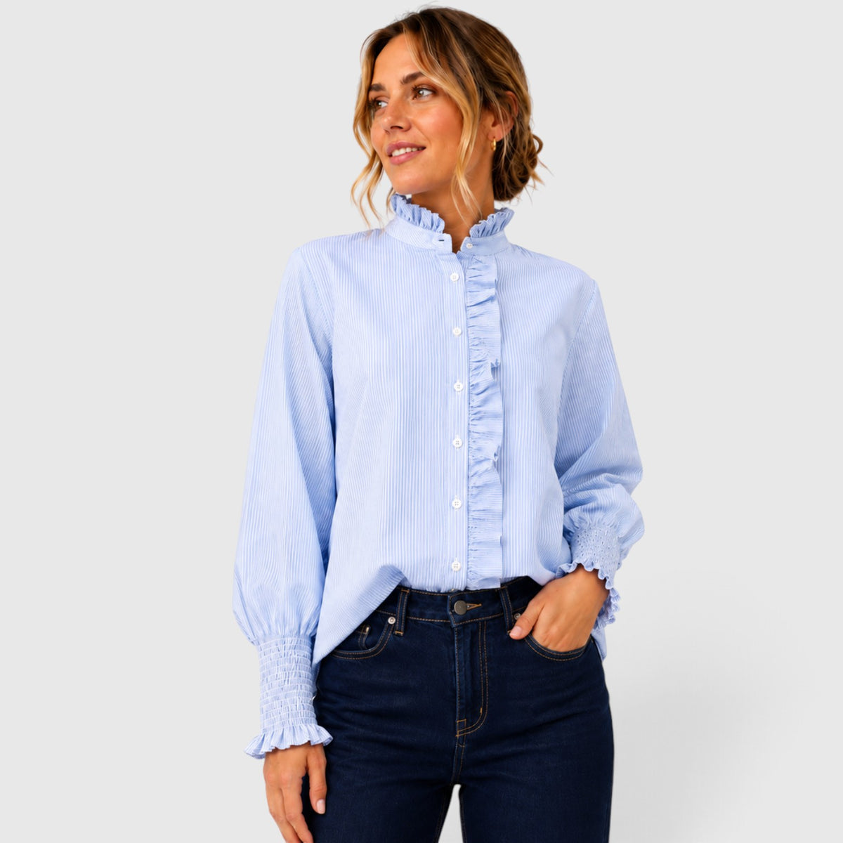 Who's Charlie Poppy pale blue and white top blouse with floral print