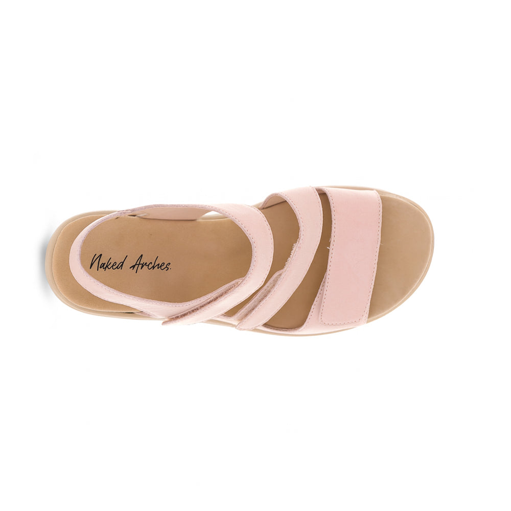 NAKED ARCHES Holiday Blush sandals with tan straps and cushioned footbed, stylish and comfortable for casual wear.