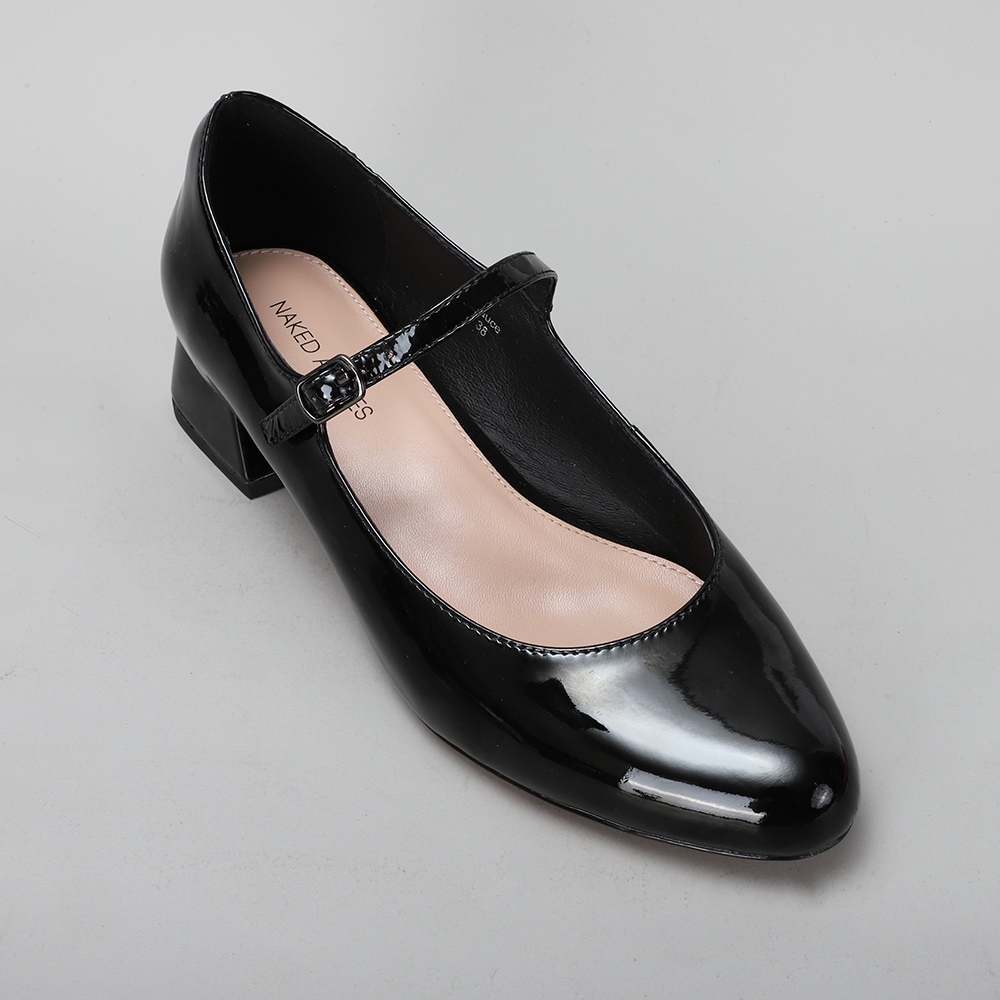 NAKED ARCHES black patent leather sandals with sleek straps and flat sole, stylish footwear for casual or dressy occasions.