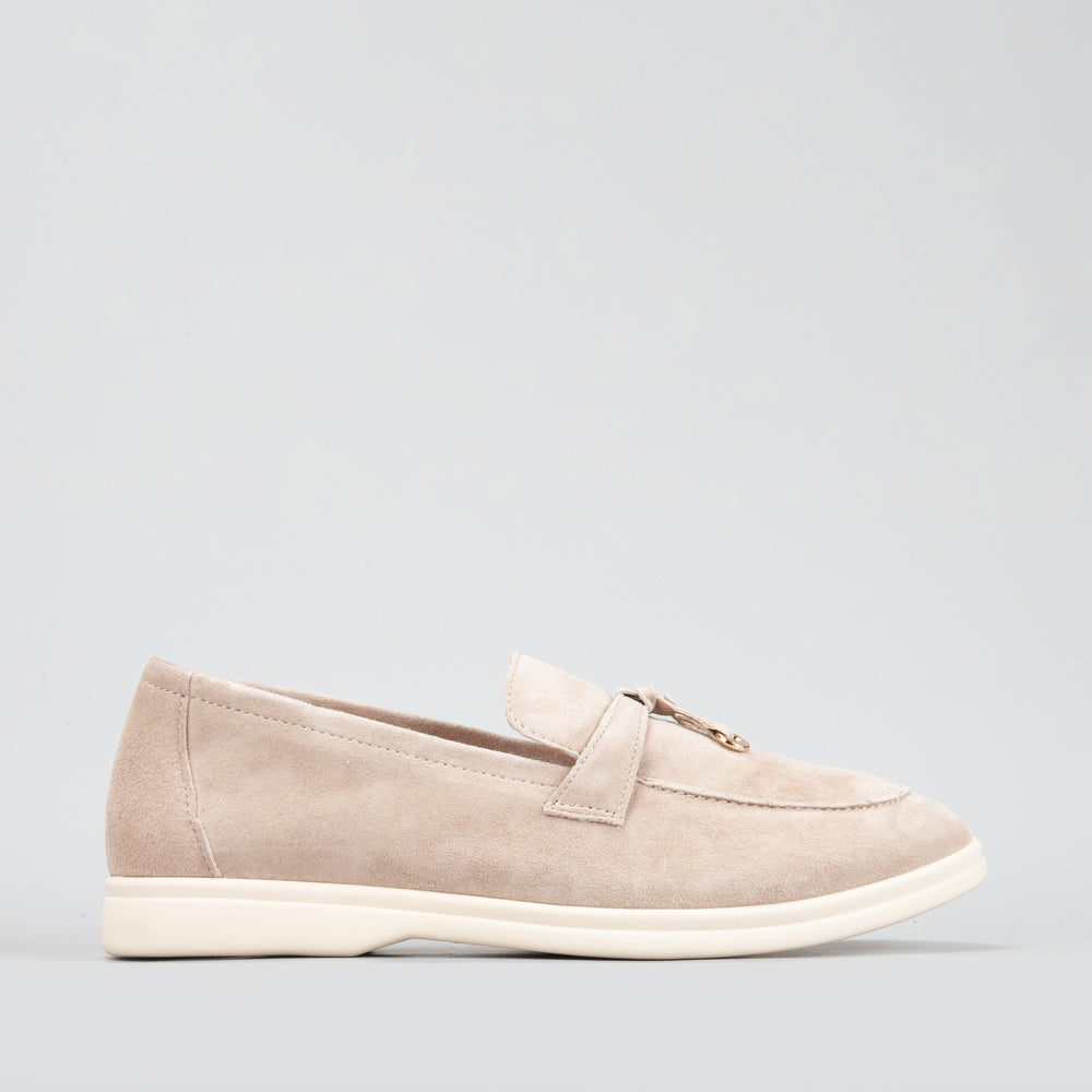 Le Sansa Capri taupe suede loafers with sleek design and pointed toe, perfect for casual or semi-formal wear.