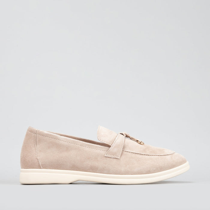 Le Sansa Capri taupe suede loafers with sleek design and pointed toe, perfect for casual or semi-formal wear.