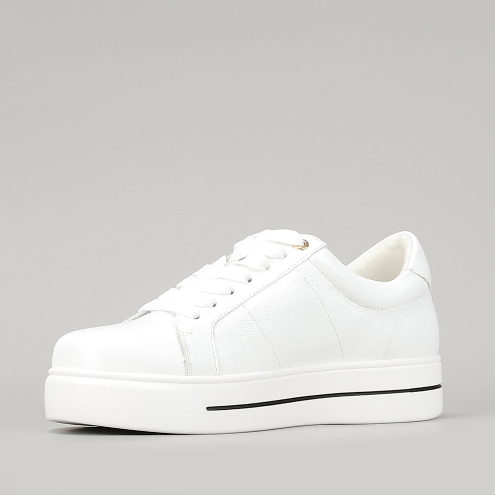 Naked Arches Azealia white sneakers with lace-up design and sleek white canvas, displayed on a plain background.