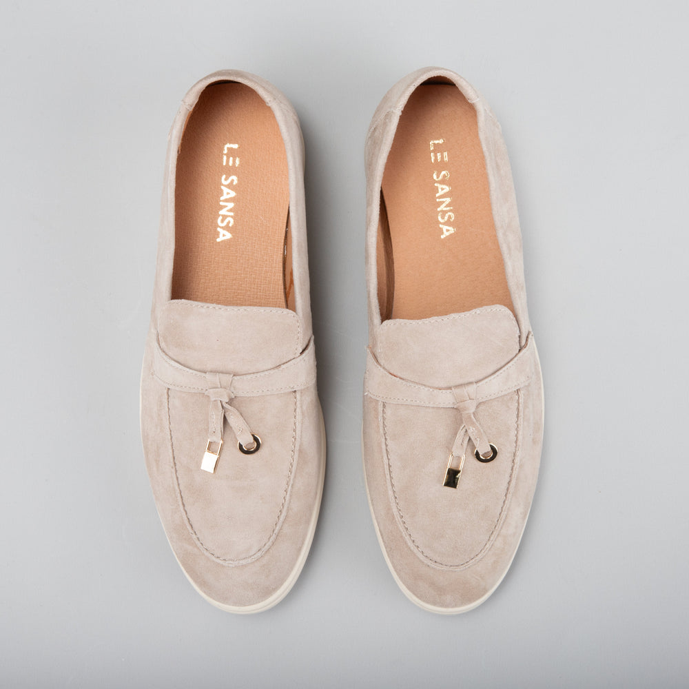 Le Sansa Capri Taupe Suede Loafers with classic slip-on style and soft suede texture, shown on a clean white background.