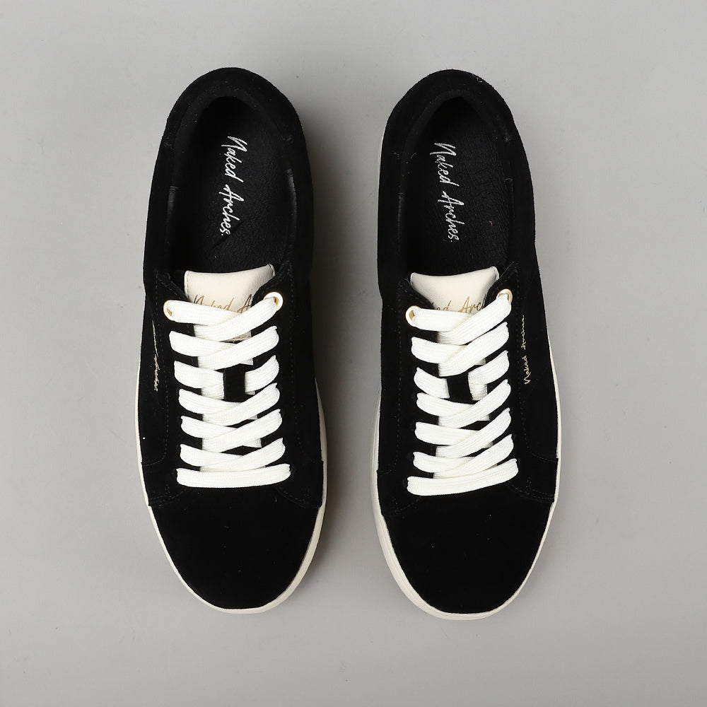 Naked Arches Azealia Black sneakers with black and white design, showcasing stylish low-top athletic footwear.