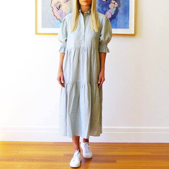White sage Lottie dress by Who's Charlie, featuring a stylish design perfect for casual or special occasions.
