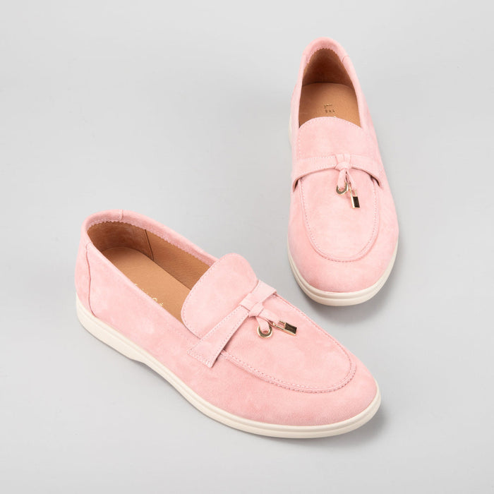 Le Sansa Capri baby pink suede loafers with rounded toe and soft sole, stylish footwear for young children.