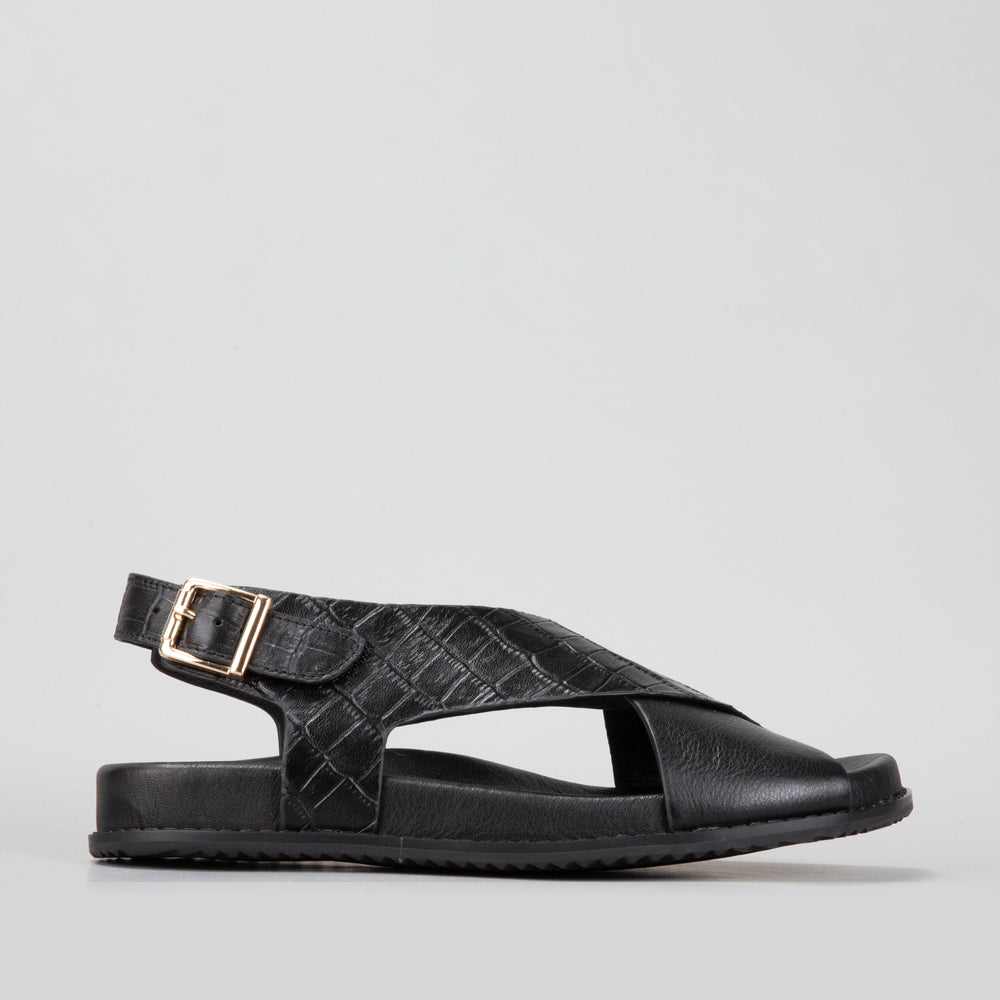 Naked Arches Zigilia Black Croc sandals with textured black crocodile pattern and open toe design.