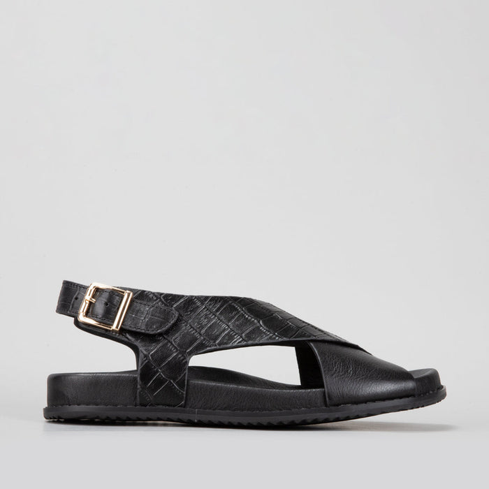 Naked Arches Zigilia Black Croc sandals with textured black crocodile pattern and open toe design.