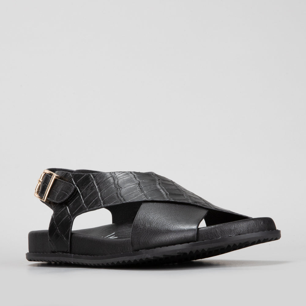 Naked Arches Zigilia Black Croc sandals with textured black faux crocodile pattern and open-toe design.