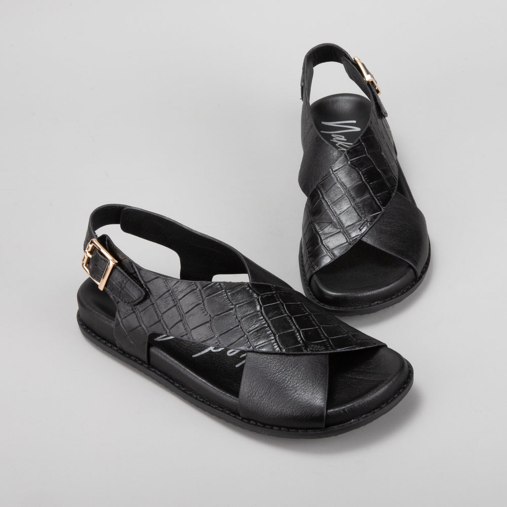 Naked Arches Zigilia Black Croc sandals with textured black crocodile pattern and open-toe design for casual wear.