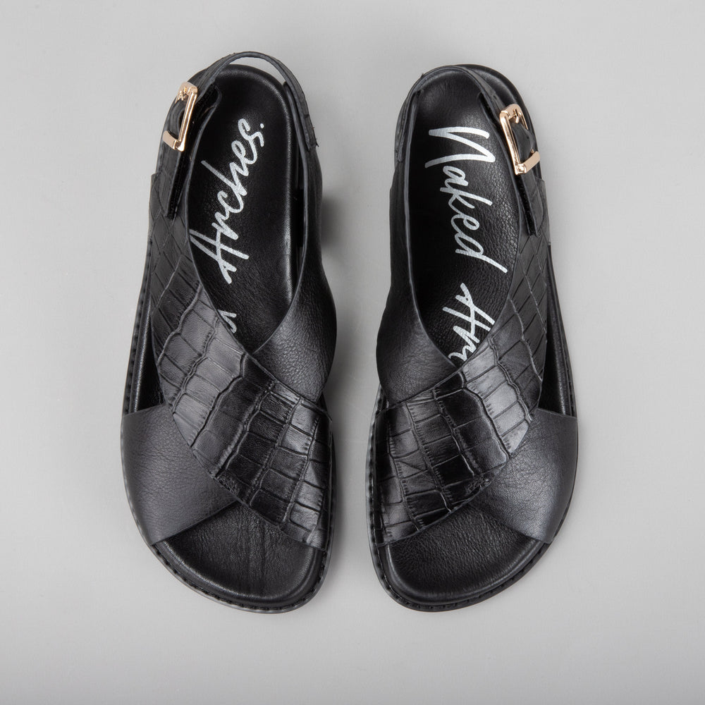 Naked Arches Zigilia Black Croc sandals with textured black crocodile pattern straps and open-toe design.