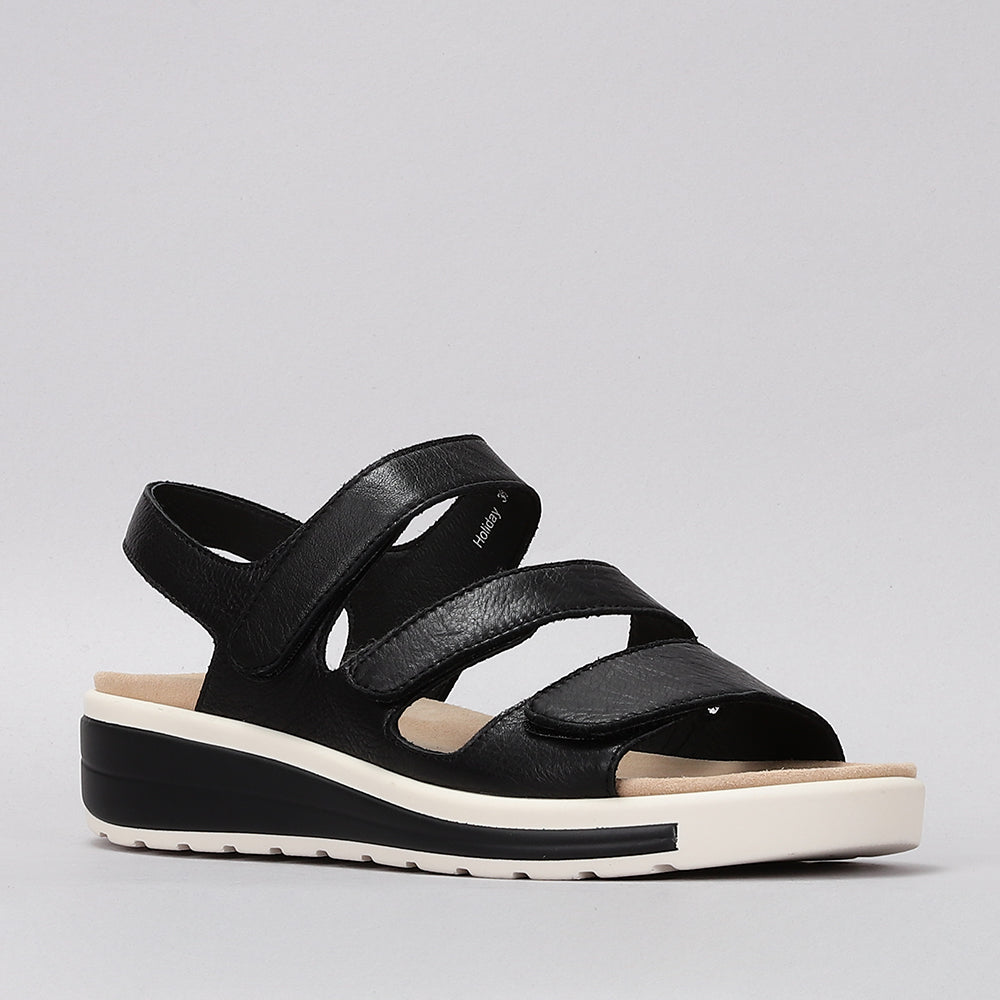 Naked Arches Holiday Black sandals with black straps and cushioned footbed, designed for comfortable casual wear.